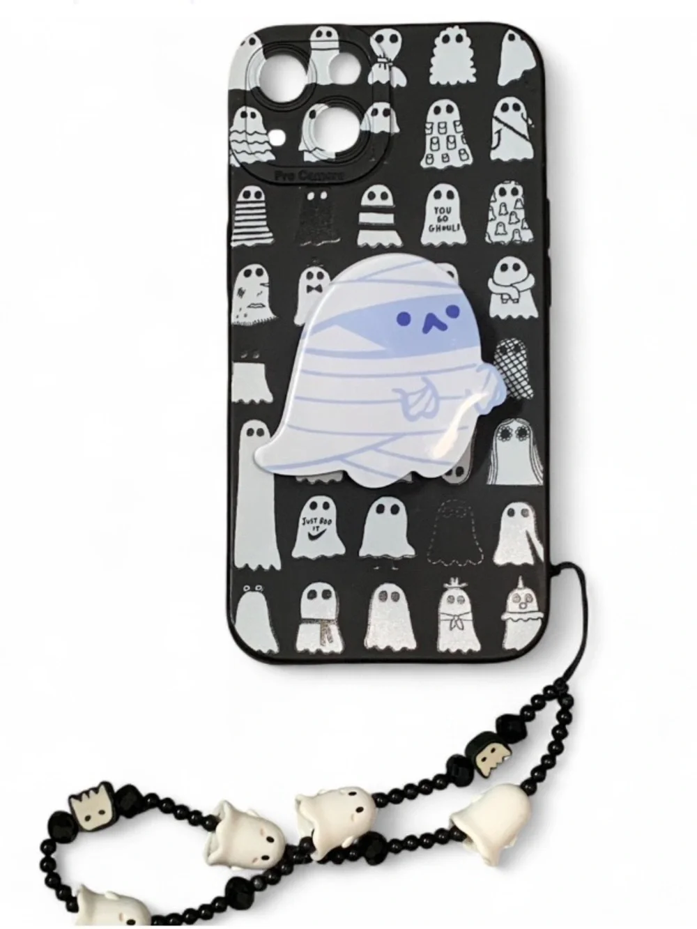 Cute Ghost Black iPhone Case with White Ghost Pop Grip and Charm